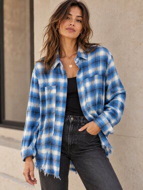 RtA Blue Plaid 100% Cotton Frayed Hem Button Down Shirt L Designer Grunge Cool